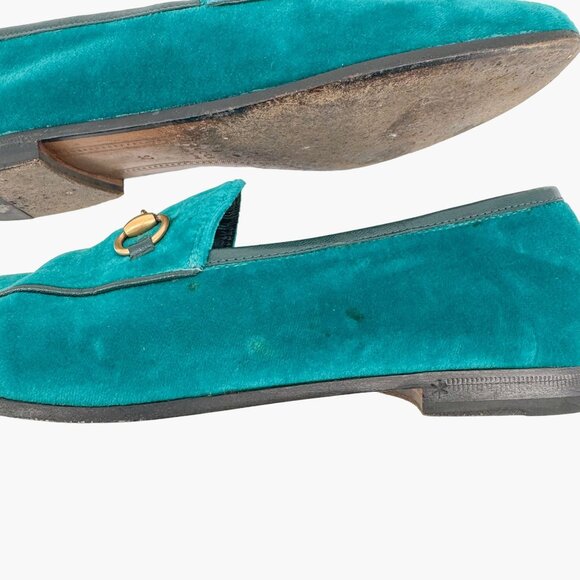 Gucci Jordaan Horsebit Loafer EU 37 US 7 Teal Velvet Flat Buckle Shoe Green Blue - Picture 12 of 12